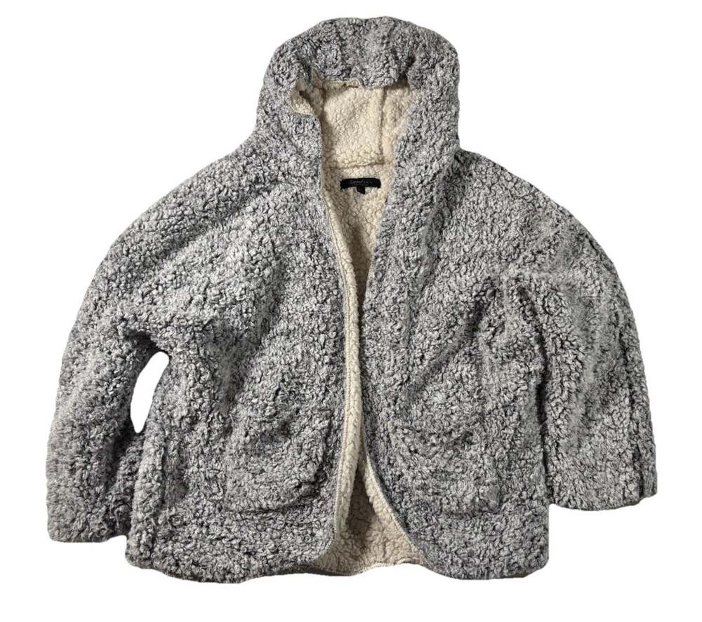 Sweet Rain Women’s Sz L Gray Reversible Open Front Hooded Sherpa Teddy Jacket